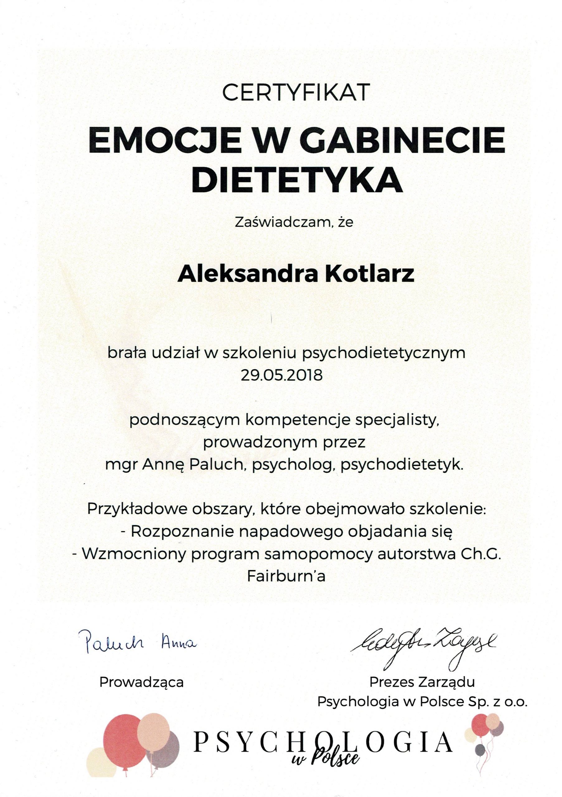 Certyfikat Aleksandra Kotlarz Wozniak dietetyk